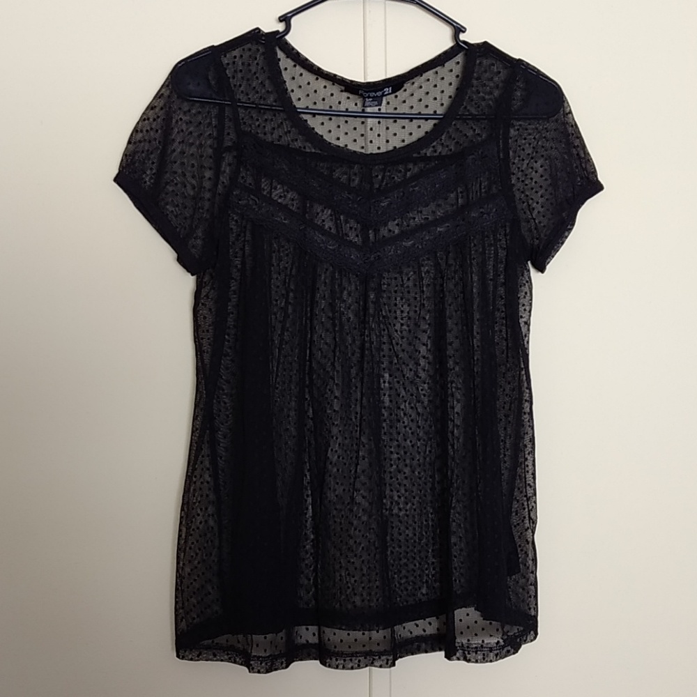 Forever 21 Black Sheer Polka Dot Babydoll Top